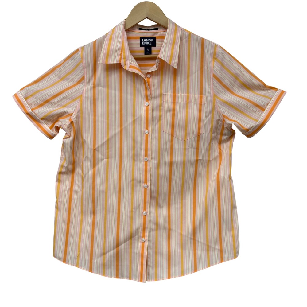 Lands End Womens Orange Striped No Iron Short Sleeve Button Shirt Size S 6-8‎